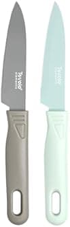 Tovolo Paring Knife Set of 2 Stainless Steel 8 Inch Kitchen Knives with Protective Blade Cover Sharp Small Comfort Grip Handle Paring Knife Set for Cutting Slicing Dicing Gray and Mint Green