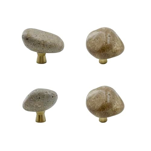 4 Pack Unique Single Hole Irregular Rock-Shaped Drawer Knobs with Brass Base Natural Style Decorative Stone Pull Knobs for Cabinet Furniture Dresser Handle with Screws