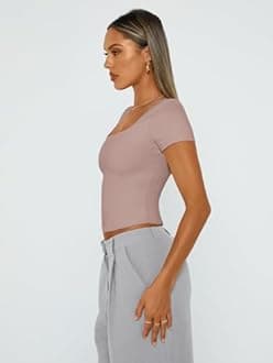 Trendy Queen Tshirts Shirts for Women Double Lined Going Out Crop Tops 2025 Spring Summer Workout Y2k Clothes Beach Fashion