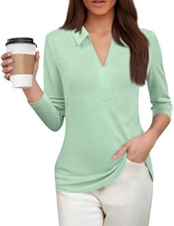 LAYHTKTL Women's 3/4 Sleeve V-Neck Collared Tops Summer Business Casual Work Polo Shirts 2025 Trendy Loose Fit Basic Tees