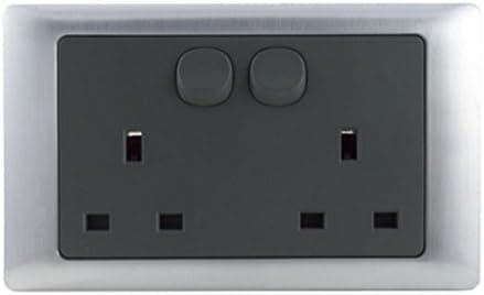 13A Double Switched Plug Socket Single Pole Graphite Screwless Grey/Silver Rocca
