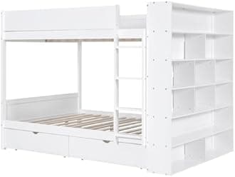 Modern Bunk Bed Full Over Full Size with Large Storage Shelves, Solid Wood Bunk Bed Frame with 2 Drawers and Safety Guardrail for Kids Teens Adults, Maximized Space (White-MLC)