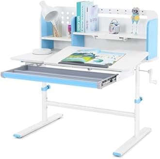 COSVALVE 39in Wide Adjustable Height Kids Desk with Tilting Desktop, Steel Frame, Drawer, and Bookshelf Hutch, Study Child Table for Ages 3-12, Blue