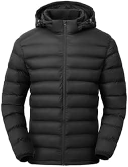 TBMPOY Men's Lightweight Puffer Jacket with Detachable Hood, Water-Resistant, Black, Regular Size