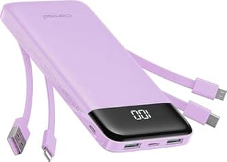Portable Charger with Built in Cables, Portable Charger with Cords Wires Slim 10000mAh Travel Essentials Battery Pack 6 Outputs 3A High Speed Power Bank for iPhone Samsung Pixel LG Moto iPad (Purple)