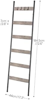 HOOBRO Blanket Ladder, 6-Tier Towel Rack with Hooks, Wall-Leaning Blanket Rack, Decorative Display Ladder Shelf, Scarves, Industrial, Living Room, Bedroom, Black and Greige BG66CJ01