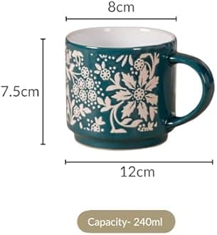 Nestasia Stackable Ceramic Cups Set of 4 (240 ml Each) | Microwave & Dishwasher Safe Tea & Coffee Cups with Glossy Finish | Ideal for Gifting (Floral Green)