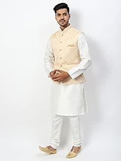 Uri and MacKenzie Men's Silk Blend Regular Kurta Churidar Pyjama with Bundi Nehru Jacket/Waistcoat