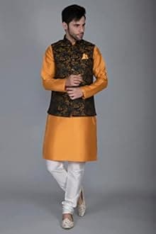 Ethluxis® Men's Silk Blend Kurta Churidar Pyjama with Ethnic Bundi Jacket Set