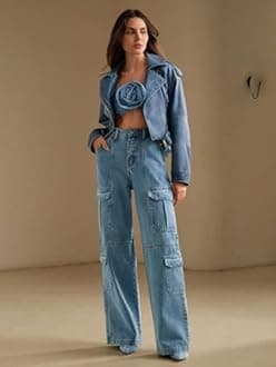 GRECIILOOKS Cargo Jeans for Women – Wide Leg High Waist Baggy Denim Pants | Casual Fit Trousers with Utility Pocket Design