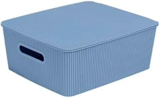 Glad Storage Baskets with Lids - Set of 4 Stackable Plastic Boxes with Handles - Decorative Shelf Organizer Bins for Bathroom and Closet, Blue, 3.1 Gallons