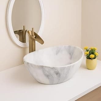 SEA SHORE IMPORTED Premium Designer Table Top Ceramic Wash Basin | Over Counter Bathroom Basin | Vessel Sink with Slim Rim Counter Top for Bathroom (16 x 12 x 5.5 Inch, Grey & White)