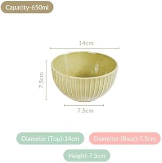 Nestasia Ceramic Bowl for Snacks - Dishwasher & Microwave Safe Bowl Set of 4, Ribbed Texture Serving Bowl Set for Rice, Dal, Vegetables, Fruits, Salad, Maggi & Noodles (Green- 650ml)
