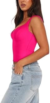 REORIA Women's Summer Sexy Casual Deep V Neck Sleeveless Slim Fit Cropped Corset Cami Fashion Trendy Y2k Going Out Crop Tank Tops Neon Rose Red Large