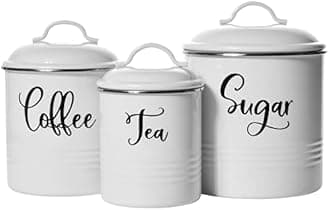 Home Acre Designs Canister Sets For Kitchen Counter-Modern Farmhouse Kitchen Decor-Rustic Kitchen Canisters Set of 3-Farmhouse Canisters sets for Kitchen-White Airtight Food Storage-Coffee Sugar Tea
