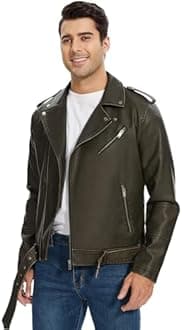 Fahsyee Leather Jackets for Men, Faux Bomber Jacket Mens Motorcycle Lapel Asymmetric Zip-Up Belt Slim Fit Biker Coat