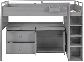 Multifunctional Wood Loft Bed with Rolling Cabinet, Desk and Built-in Ladder