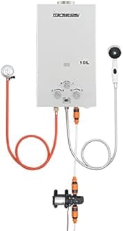 Warmiehomy 10L Portable Gas Water Heater Outdoor Camping Shower with Water Pump 12V Propane Tankless Water Heater, for Outdoor Camping Shower RV Trip Horse Washing
