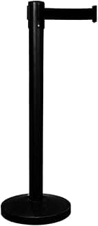 Queue Barrier with 3Meter Retractable Belt | Black Crowd Control Post with Weighted Base | 4-Way Connectable Stanchion with Powder-Coated Iron Finish for Queue Management & Events - Set of 1