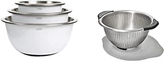 Good Grips 3-Piece Stainless-Steel Mixing Bowl Set, White & Good Grips Stainless Steel 5 qt./ 4.7 L Colander