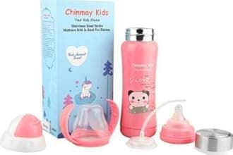 Chinmay Kids Stainless Steel Milk Feeding Bottle Multifunctional 3 in 1 Thermosteel for New-Born/Toddler with Straw Sipper and Nipple |180 ml Capacity (Pink) | BPA Free