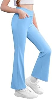 Zaclotre Girls Flare Leggings High Waisted V Crossover Casual Yoga Bell Bottoms with Pockets Pants for Kid
