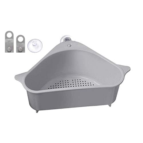 Outivity Sink Strainer Basket Triangular Sink Drain Shelf Corner with Suction Storage Rack Sucker Multifunctional Kitchen Side Sink Filter Sink Sponge Holder Bathroom Soap Box Organizer -Grey