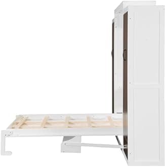 Flieks Queen Size Murphy Bed, Wooden Queen Wall Bed with Closet, Drawers and Desk, White