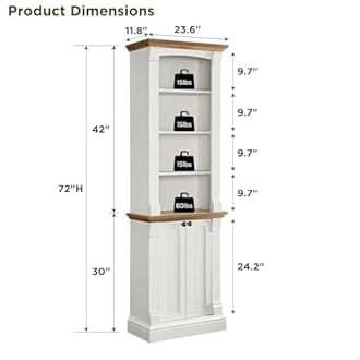 OKD Farmhouse Storage Bookcase，72" Tall Bookcase with 4-Tier Open Adjustable Shelves，Wooden Freestanding Bookshelf Storage Organizer for Home Office, Living Room，2 Doors，Antique White