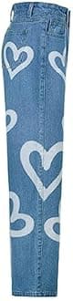 Women's High Waist Heart Print Wide Leg Loost Fit Vintage Boyfriend Jeans Teen Girls Streetwear Denim Pants
