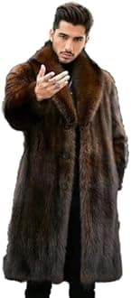 FTIMILD Men's Long Faux Fur Coat Single Breasted Warm Winter Trench Coat Fluffy Thick Overcoat