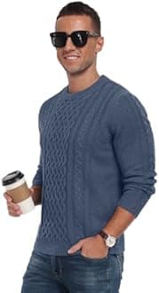 Askdeer Men's Pullover Sweater Fisherman Cable Knit Crewneck Sweater Winter Casual Knitted Sweaters with Ribbing Edge
