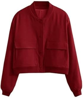 Megfie Womens Cropped Bomber Jacket Button Down Varsity Jackets Shackets with Pockets