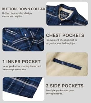 EKLENTSON Men's Winter Thick Fleece Lined Warm Plaid Flannel Shirt Jackets Casual Button Down 3 Pockets Sherpa Coats