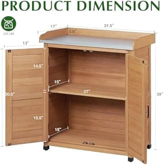 Outdoor Storage Cabinet & Potting Bench Table with Metal Top, Wooden Patio Furniture, Garden Workstation (Light Brwon, 39x31.5x17in)