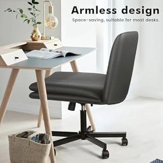 LEMBERI Armless Office Desk Chair with Wheels,Faux Leather Cross Legged Wide Chairs, Mid Back Swivel Computer Task Chairs for Home Office,Make Up,Small Space,Bed Room, Grey