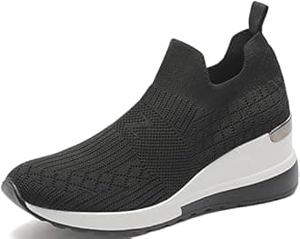 YZ High Heel Black Wedge Sneakers for Women Knit Upper Breathable Shoes