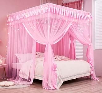 Mengersi Pink Princess 4 Corners Post Bed Curtain Canopy Mosquito Netting (Twin)