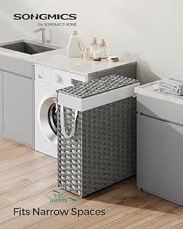 SONGMICS Slim Laundry Hamper with Lid, 14.5 Gallon (55L) Rattan Clothes Laundry Basket with Lid and Handles, Foldable, Removable Liner, Dove Gray ULCB164G01