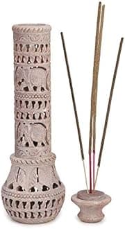 Elephant Carving Agarbatti Stand | Soapstone Hand-Carved Bottle Shape Incense Burner Holder | Ash Catcher for Incense Sticks | Spiritual Decor & Gift for Puja Room (3 x 3 x 10.5 Inches)