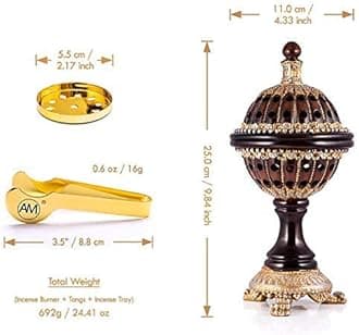 AM Luxury Bakhoor Burner - Oud, Frankincense & Cones Charcoal Incense Burner | Crafted from heat-resistant resin. Hand-finished elegant lid design & Tongs. Décor gift set for home &meditation (Black)
