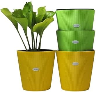GREENON® 10 Inch Self Watering Plant Pot Set of 4 (8 Pots) | Green,Yellow Outer & Black Inner Planters | Heavy Duty Virgin Plastic | UV Treated Gamla | Ideal for Indoor, Balcony & Home Garden