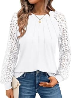 AUTOMET Womens Long Sleeve Shirts Pleated Lace Tops Fall Fashion Outfits Business Casual Blouses