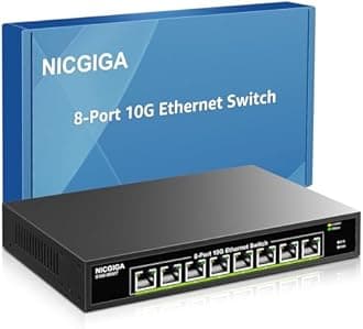 8 Port 10G Ethernet Switch, 8x 10Gb Base-T Ports, Unmanaged, RJ45, Black Metal Case, Compatible with Desktops, Gaming Consoles, Routers, Printers, Laptops