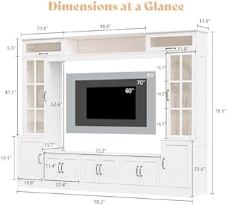 AMERLIFE - 98" Wide Wall Mount with Storage for TVs up to 80", Modern TV Console with LED Lights, Entertainment Center with Shelves for Living Room
