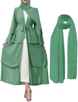 APRROOT Muslim Abaya Dress for Women Modest Muslim Robe Long Sleeve Open Front Cardigan Islamic Dubai Outfits with Hijab Belt