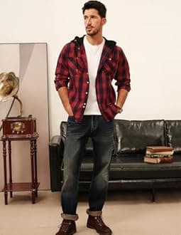 PJ PAUL JONES Mens Hooded Flannel Shirt Long Sleeve Plaid Shirts Hoodie Jackets