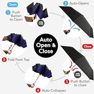 TUMELLA Flip-proof Inverted Travel Umbrella, Small Strong but Light Portable and Automatic Reverse Folding Rain Umbrella, Durable Premium Grip, Fits Car & Backpack