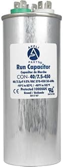 Appli Parts Dual Run Capacitor for ac 40+7.5 Mfd uF (microfarads) 370VAC or 450VAC CBB65 Round Universal fit for hvac and other applications 5-3/8 in High 2 in Wide CON-40/7.5-450