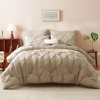CozyLux King Size Comforter Set Taupe, 7 Pieces Pintuck Bed in A Bag Taupe Comforter King Size, Pinch Pleat Bedding Set with All Season Comforter, Sheets, Pillowcases & Shams